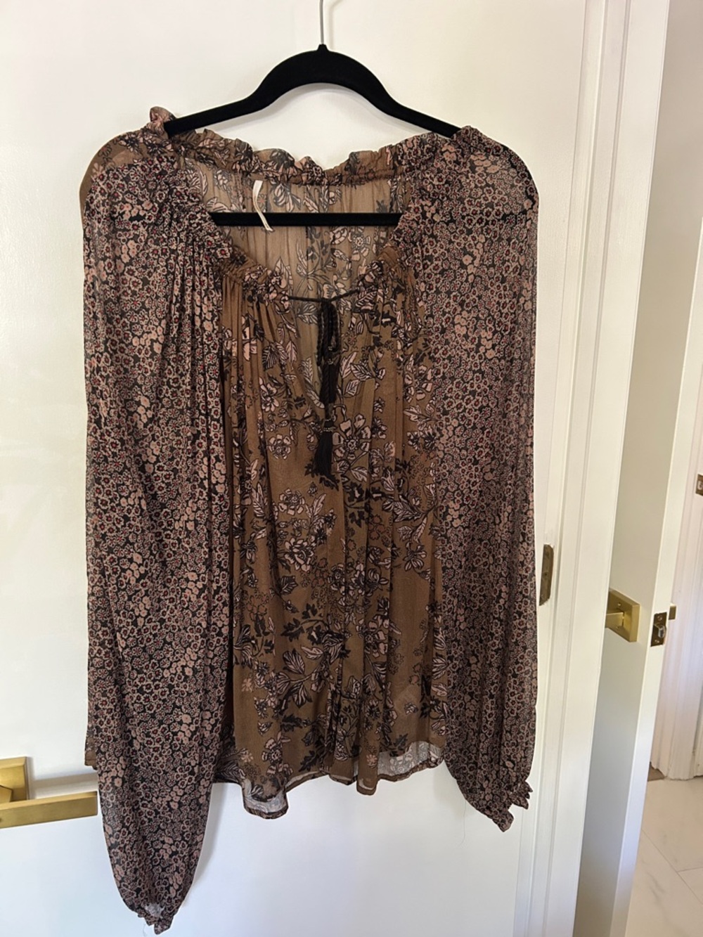 Free People Brown Floral Peasant Blouse with Tassel Tie